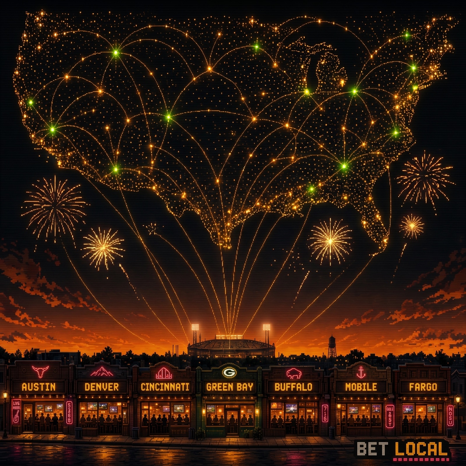 The BTO venue network under a constellation of gold arcs.