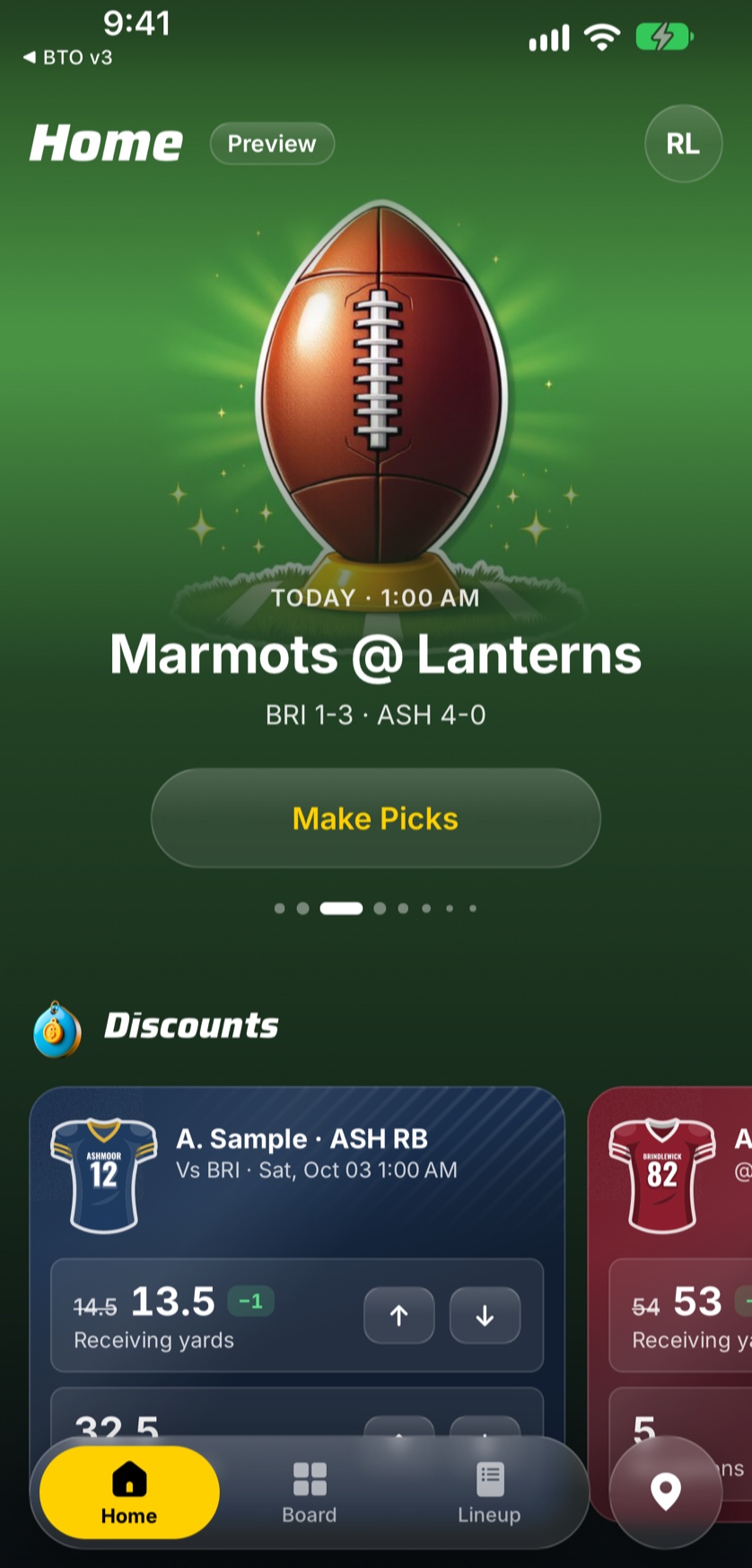 The BTO app home with tonight's featured game and discounted lines.