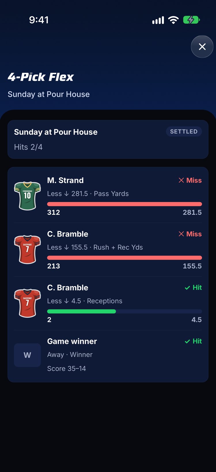 A settled four-pick lineup with hit and miss progress bars.