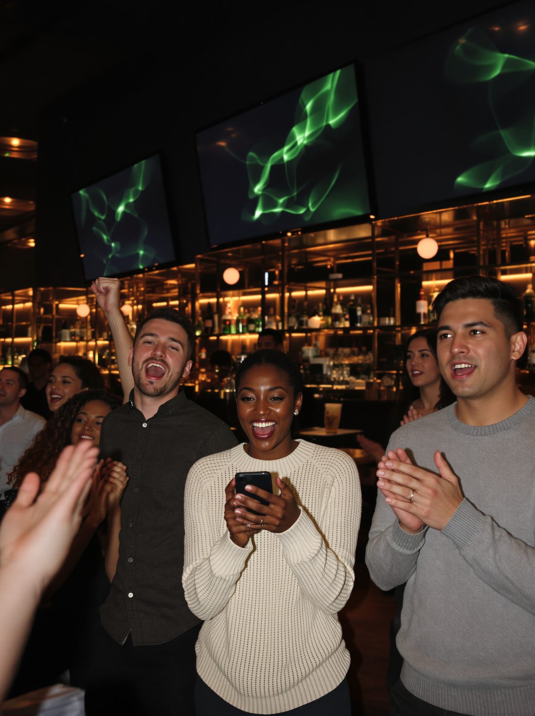 Fans celebrating a play in a crowded neighborhood bar.