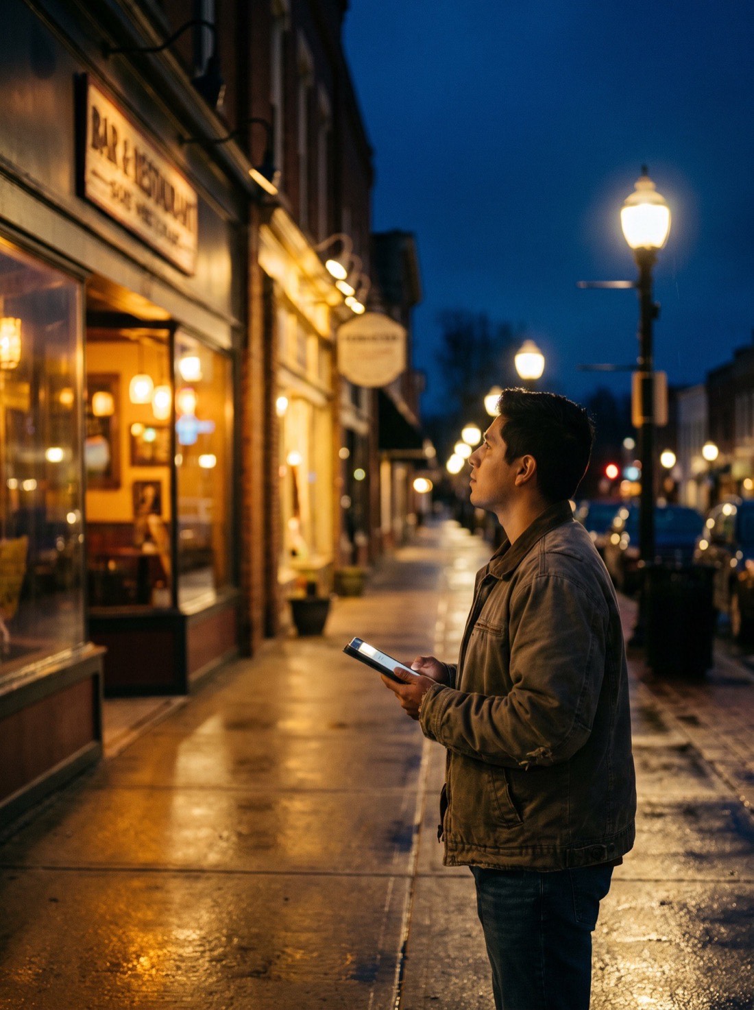 A scout walking a small-town main street at dusk.