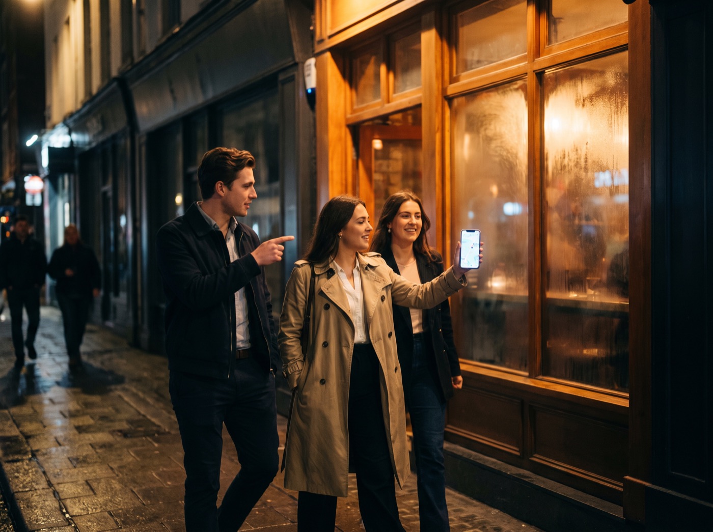 Friends following a map on a phone toward a lit sports bar.
