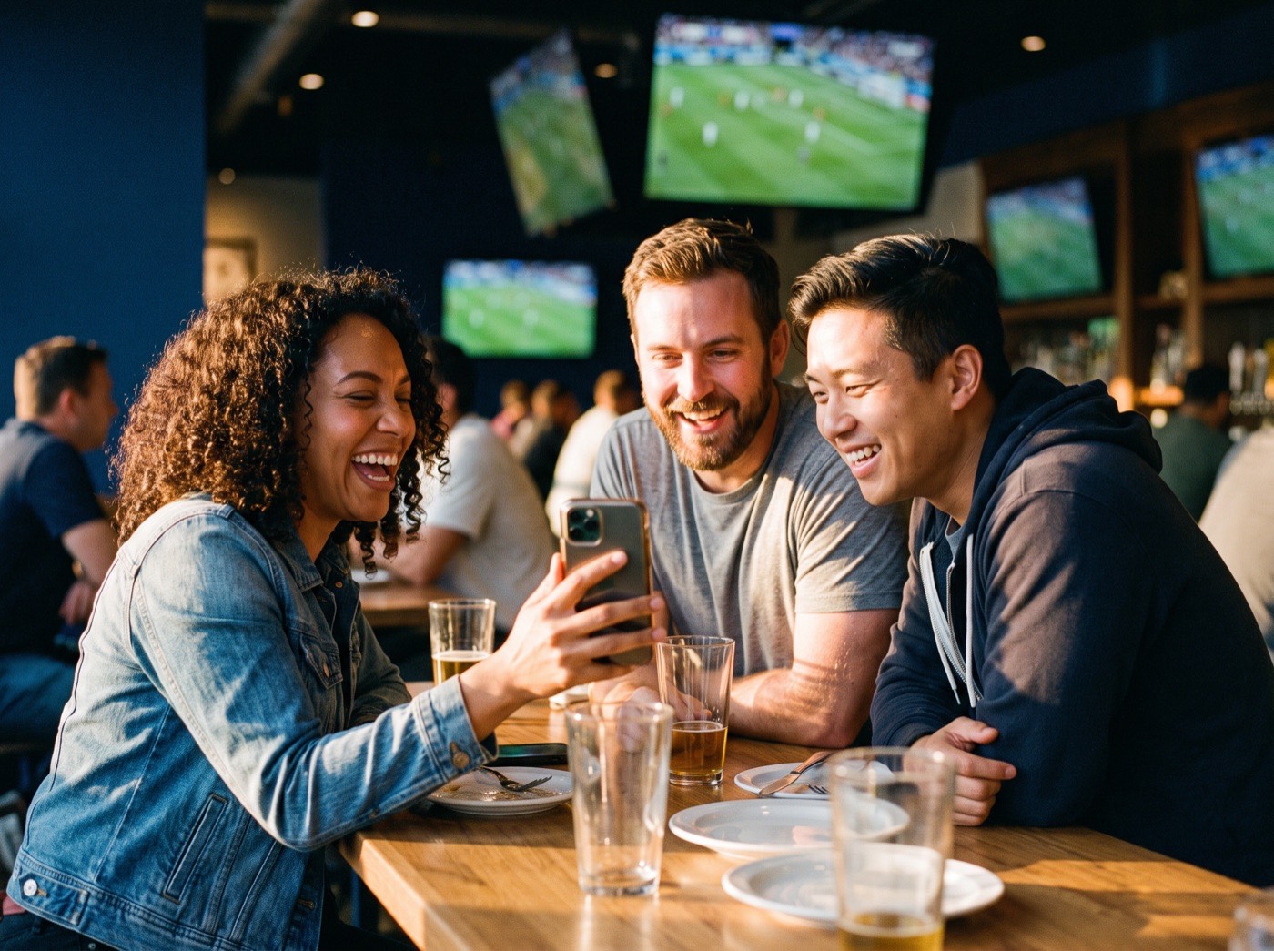 Friends laughing over a phone after the final whistle.
