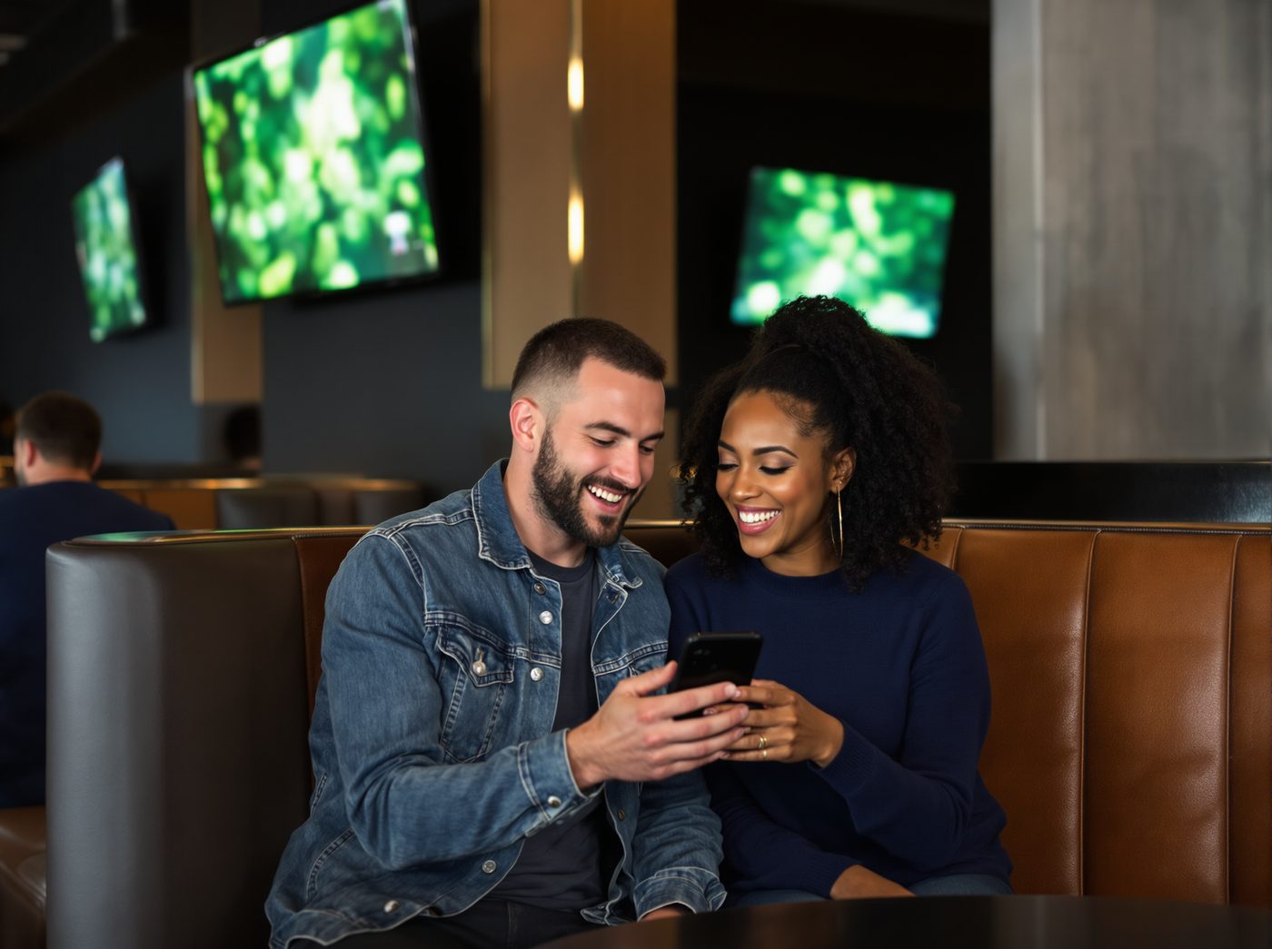 Two friends in a booth checking a phone before kickoff.