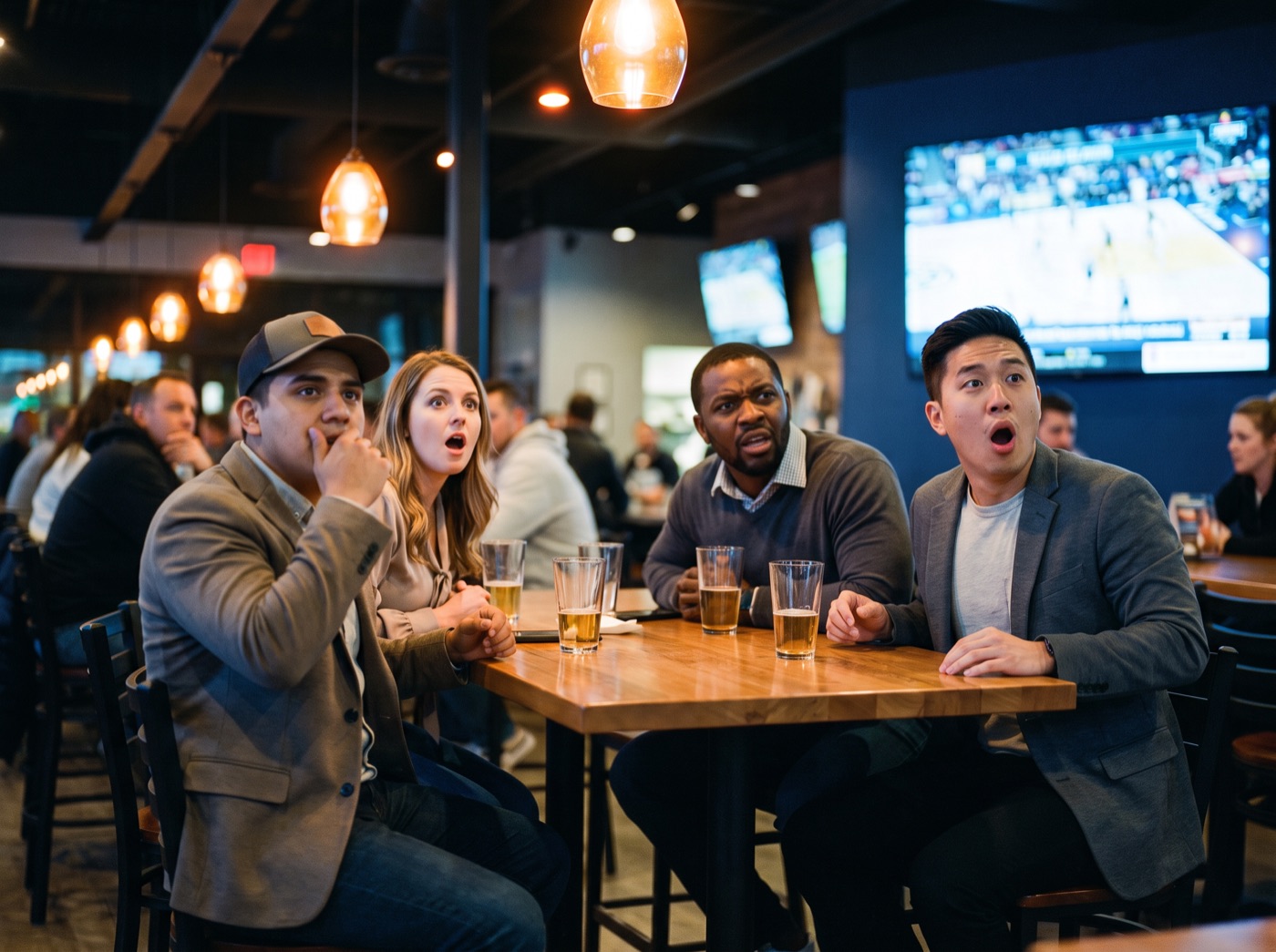 Guests reacting to a tense moment on the big screen.