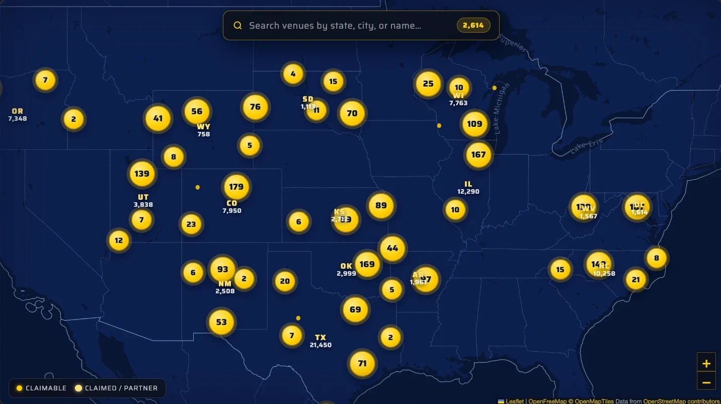 Map of the United States with gold markers showing BTO venues across supported states.