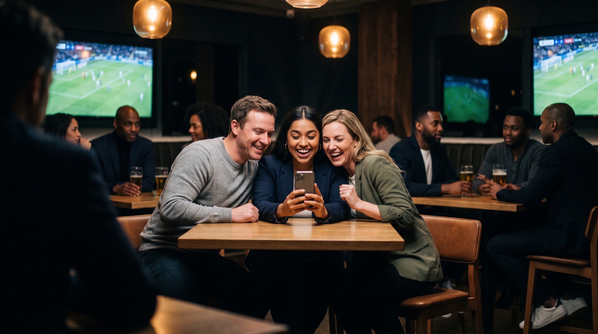 Fans erupting at a game-winning play in a packed bar.