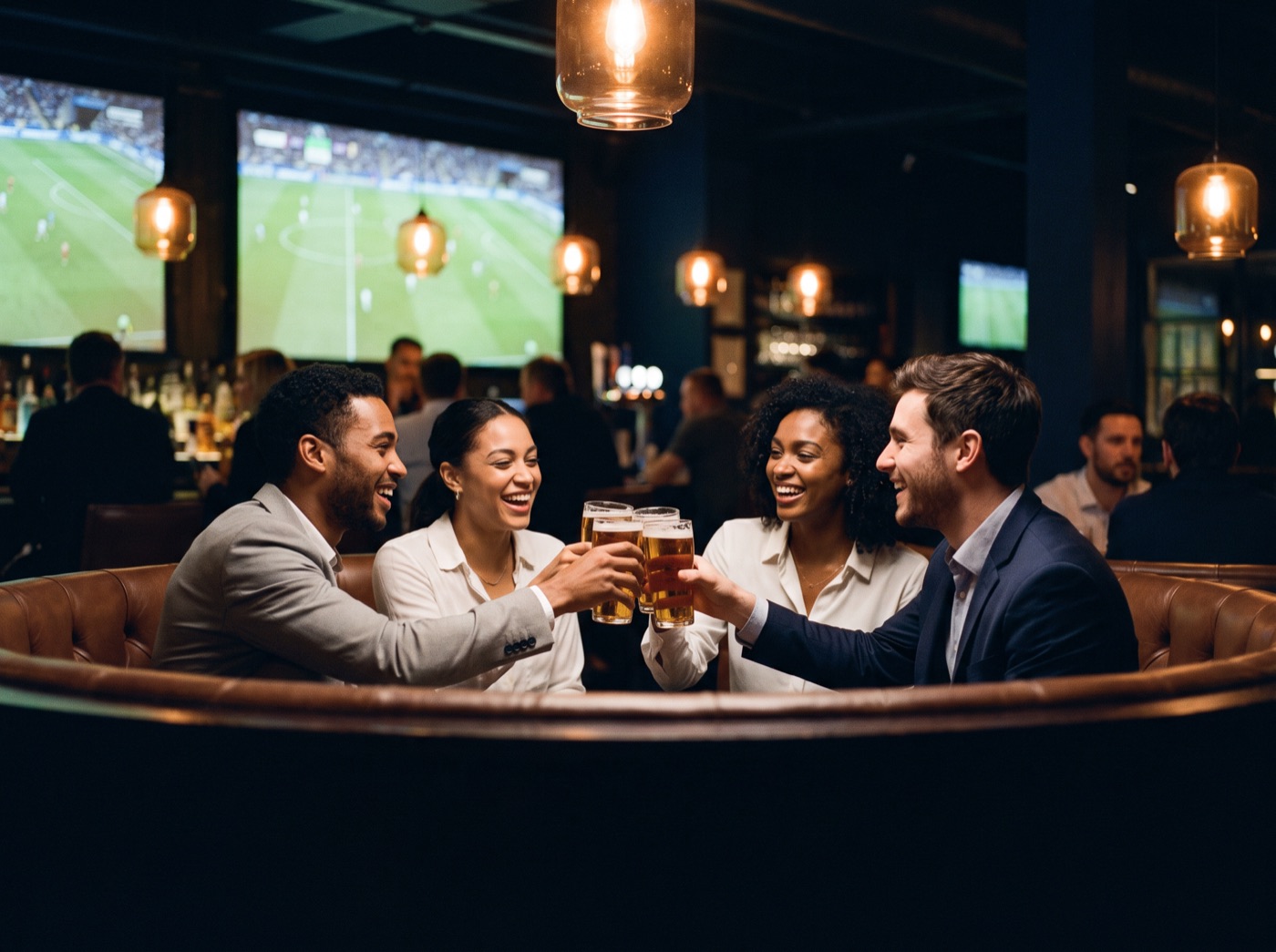 Four friends toasting in a booth during the game.