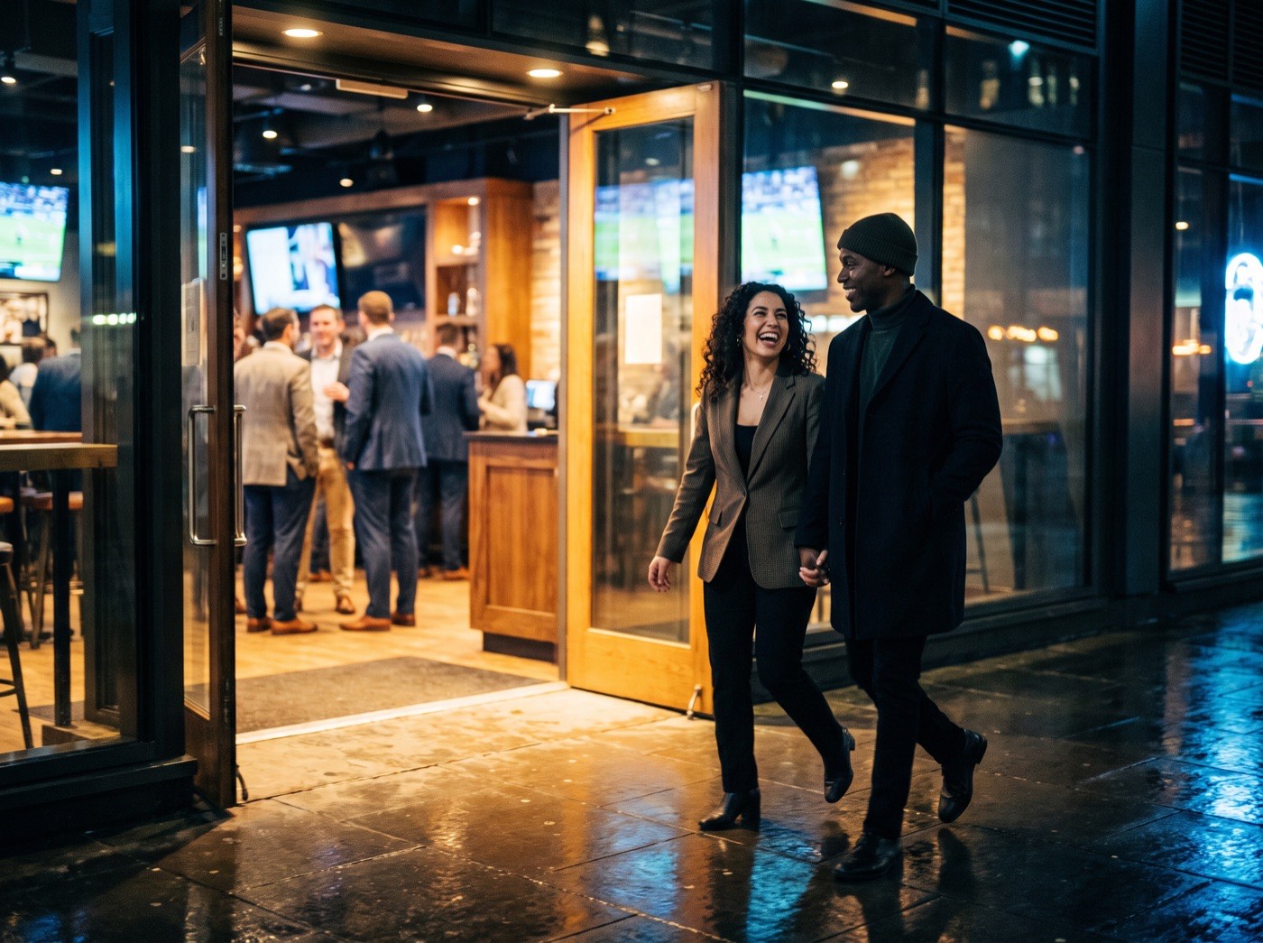 A couple walking into a glowing sports bar at night.