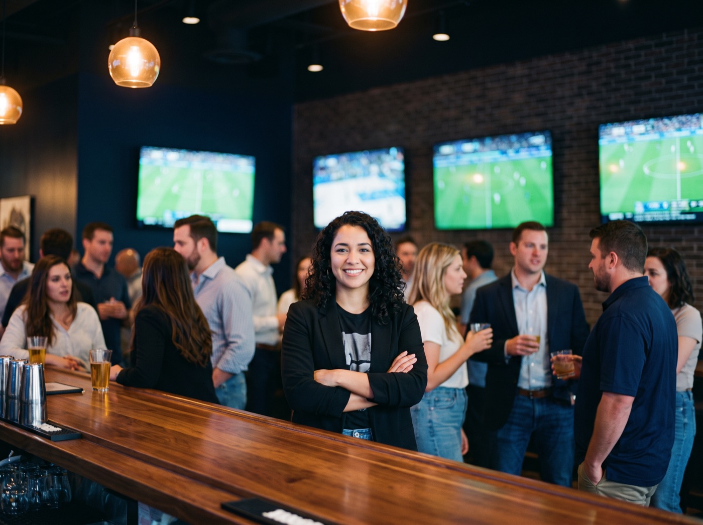 A bar owner watching her room fill with fans before kickoff.