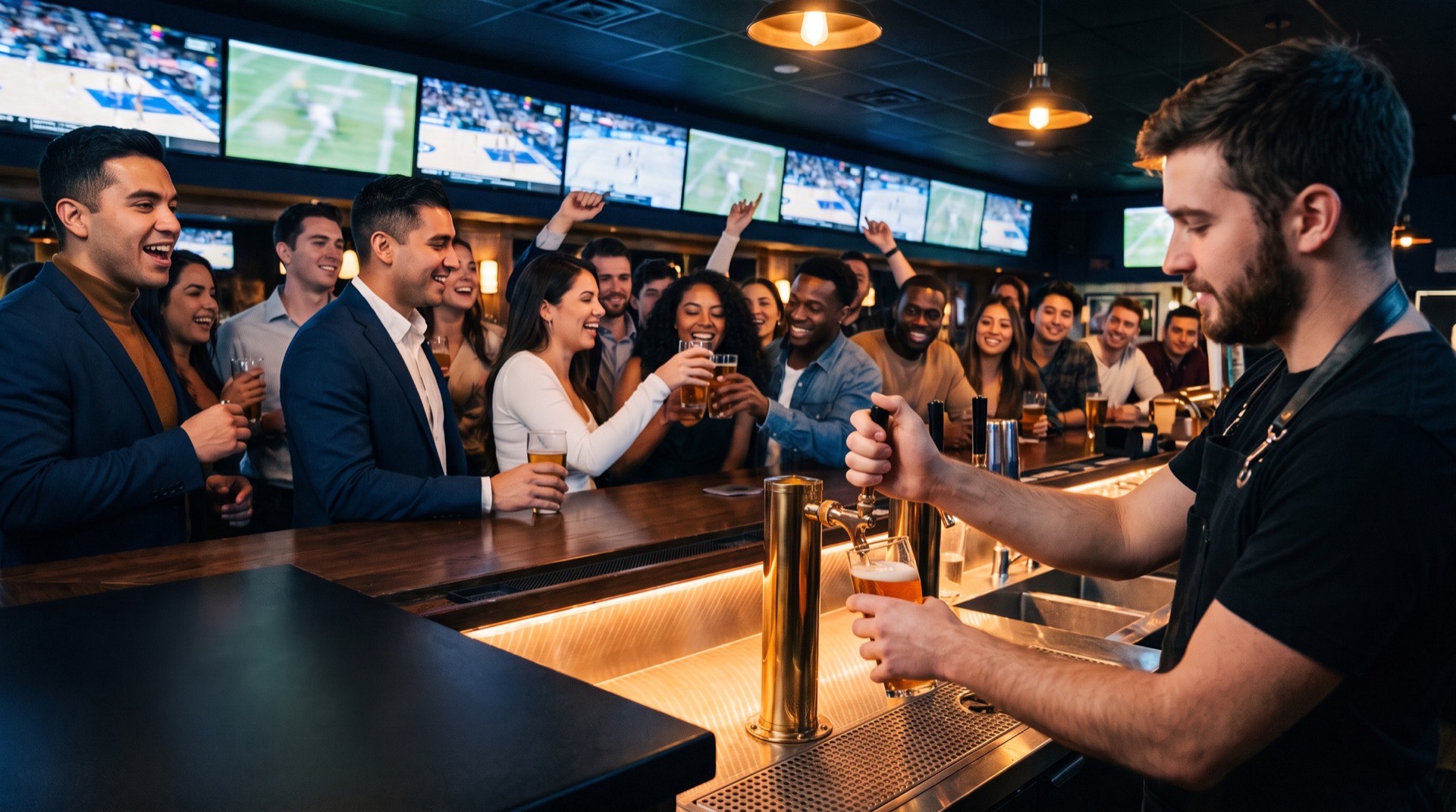 A bartender pouring a draft on a busy game night.